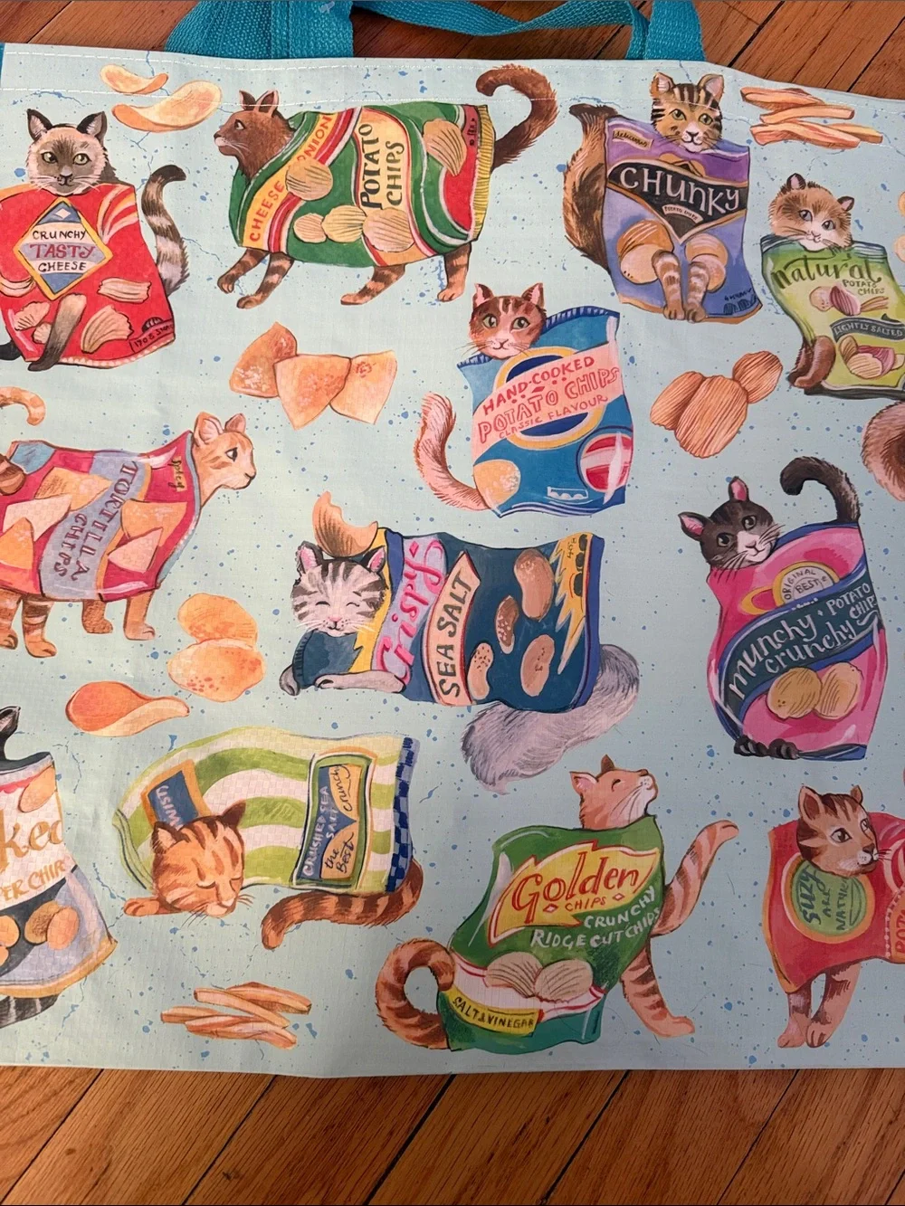Marshalls TJ Maxx Reusable Blue Cat Print Tote Bag with Snack Design